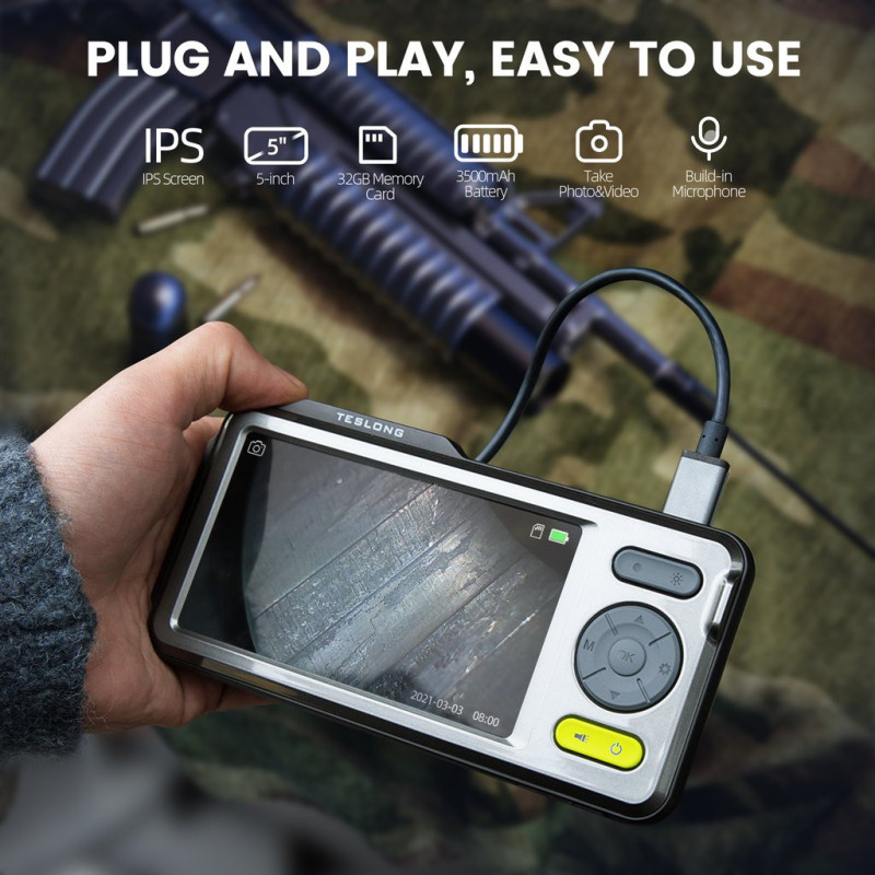 Teslong NTG500 114 cm / 45-Inch Flexible Rifle Borescope with 5-inch IPS Screen + 5 different size mirrors