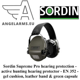 Sordin Supreme Pro hearing protection - active hunting hearing protector - EN 352 - gel cushion, leather band & green capsule