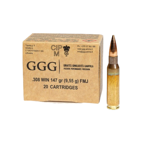 GGG Ammo .308 WIN, 147 grain (9.6 gram) FMJ bullet
