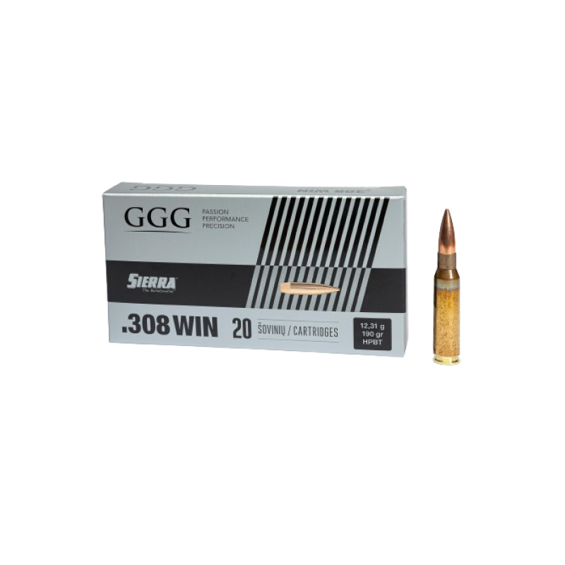 GGG Ammo .308 WIN, 190 grain (12.3 gram) HPBT Sierra MatchKing bullet