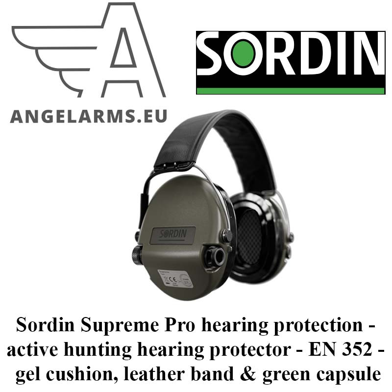 Sordin Supreme Pro hearing protection - active hunting hearing protector - EN 352 - gel cushion, leather band & green capsule Sordin Supreme Pro hearing protection - active hunting hearing protector - EN 352 - gel cushion, leather band & green capsule